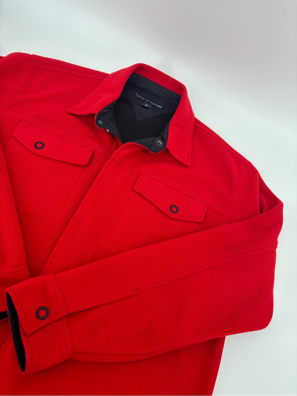 VTG Tommy Hilfiger Fleece Shirt Jacket Mens L Red Winter Snowflake Shacket Y2K